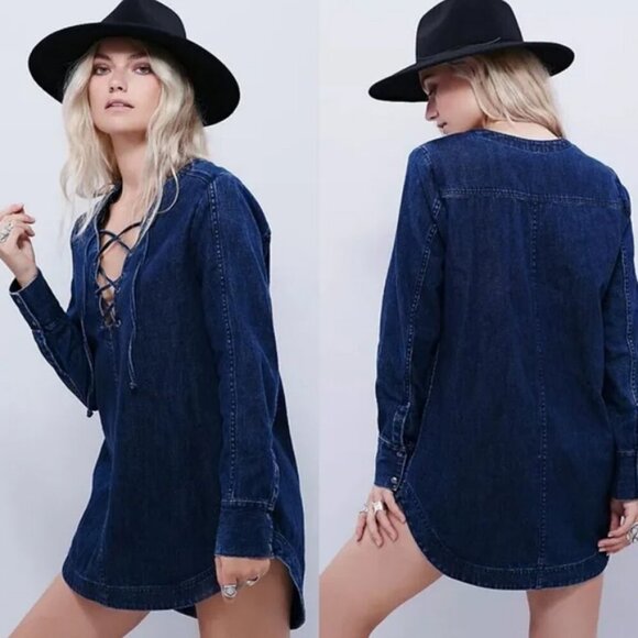 Free People Neapolitan Dreams Blue Denim Tunic Top Cotton Lace Up Shirt Boho - Picture 10 of 10